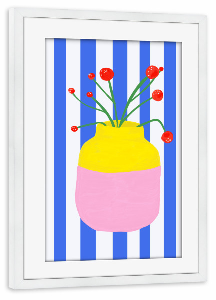 Poster mit Rahmen weiß "Mio Vaso blue stripes" artboxONE - Floral - Mio,Vaso,Vase,Blumen,Blumenvase,Motalamio,Flowers,Trend,Bunt,Getreift,Streifen