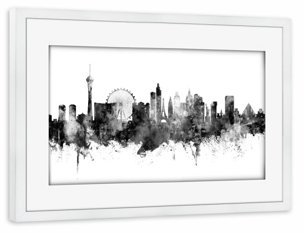 Poster mit Rahmen weiß "Las Vegas Nevada Skyline Schwarz" artboxONE - Städte,Schwarzweiß