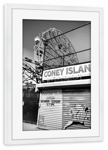 Poster mit Rahmen weiß "New York - Coney Island" artboxONE - Städte,Städte / New York,Schwarzweiß,Architektur