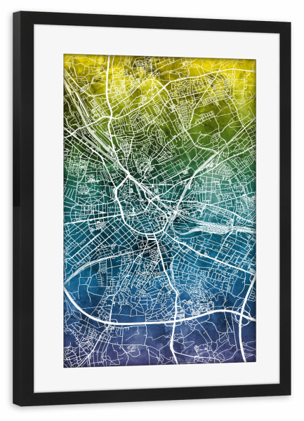Poster mit Rahmen schwarz "Osnabrück Stadtplan Blend" artboxONE - Städte - Osnabrück,Deutschland,Stadtkarte,Karte,Stadtplan,Aquarell,Malerei