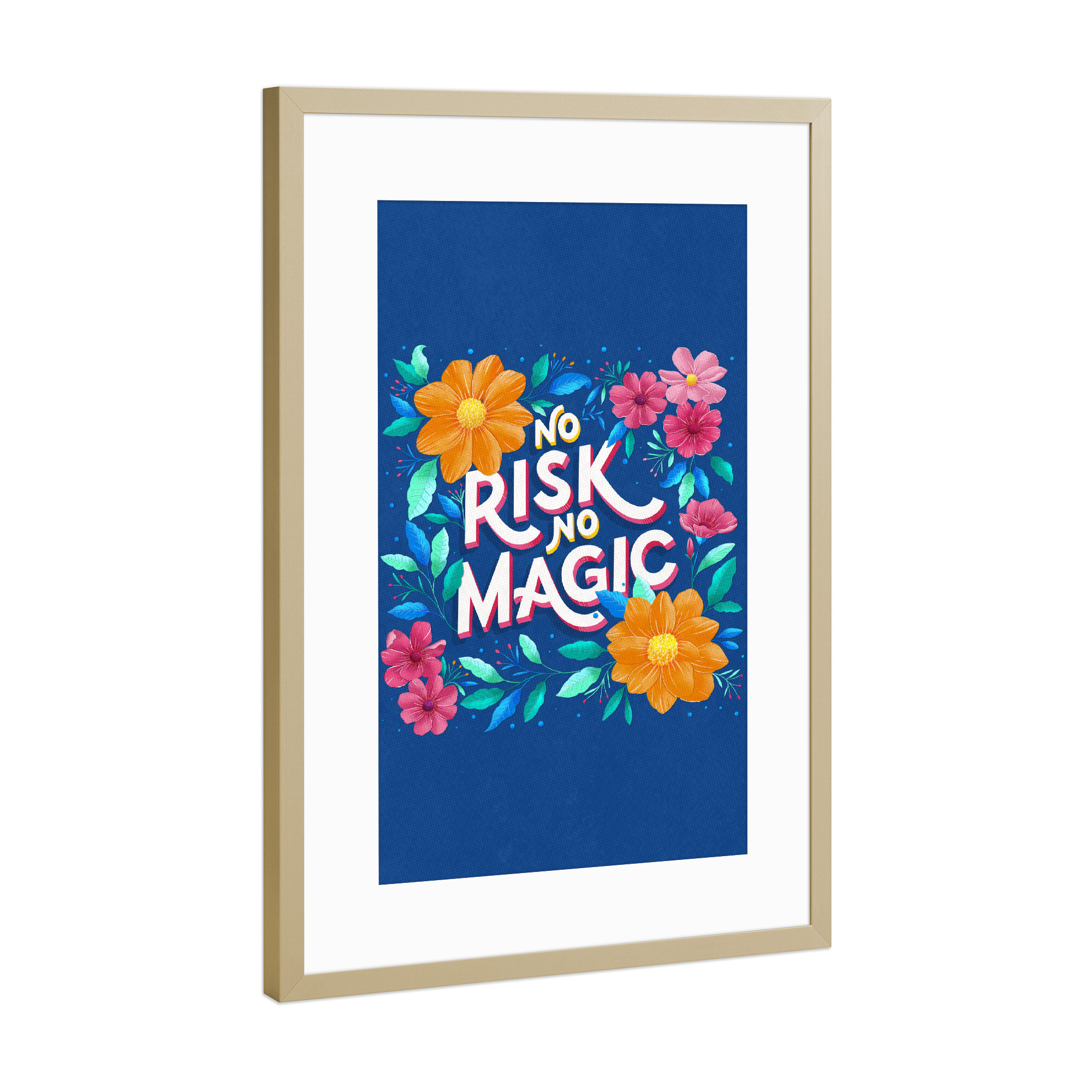 Poster mit Rahmen Gold "No Risk. No Magic" artboxONE - Typografie,Floral