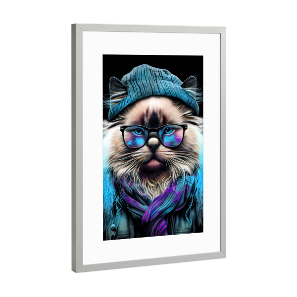 Poster mit Rahmen Silber "Hipster-Katzen-Wacholder" artboxONE - Für Kinder,Tiere - Katze,Katzen,Kätzchen,Hipster,Indie,Tiere,Haustier
