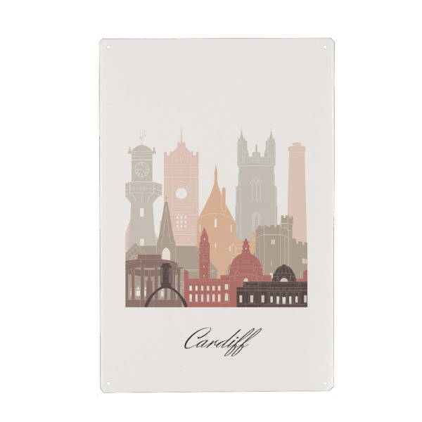 Holzbild "Skyline von Cardiff Terrakotta" artboxONE - Städte,Reise,Architektur,Kartografie