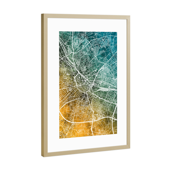 Poster mit Rahmen Gold "Osnabrück Karte Grünes Gold" artboxONE - Städte - Osnabrück,Deutschland,Stadtkarte,Karte,Stadtplan,Aquarell,Malerei