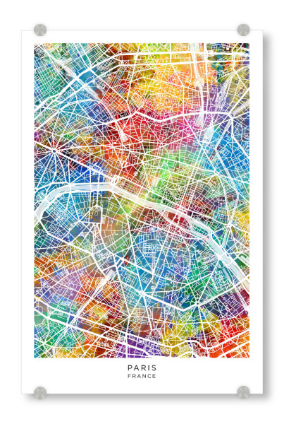 Acrylglasbild "Paris Frankreich Stadtplan Farbe" artboxONE - Städte - Paris,Frankreich,Stadtkarte,Karte,Stadtplan,Aquarell,Malerei
