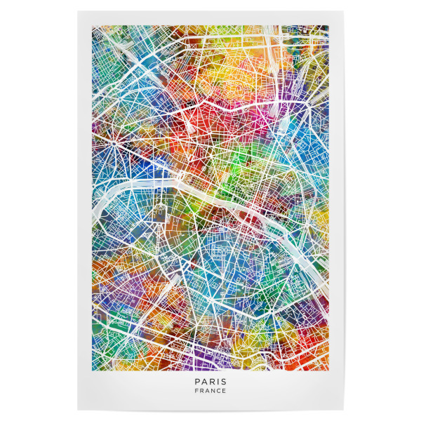 Poster "Paris Frankreich Stadtplan Farbe" artboxONE - Städte - Paris,Frankreich,Stadtkarte,Karte,Stadtplan,Aquarell,Malerei