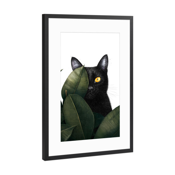Poster mit Rahmen Schwarz (Metallic) "Schwarze Katze im Ficus" artboxONE - Natur,Floral,Tiere,Lustig