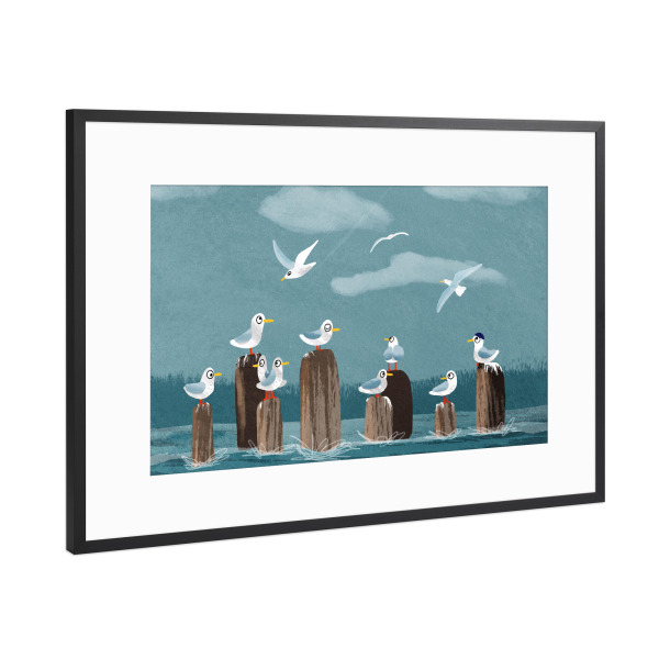Poster mit Rahmen Schwarz (Metallic) "Möwengruppe" artboxONE - Natur,Tiere