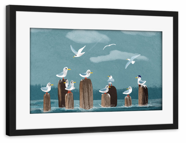 Poster mit Rahmen schwarz "Möwengruppe" artboxONE - Natur,Tiere