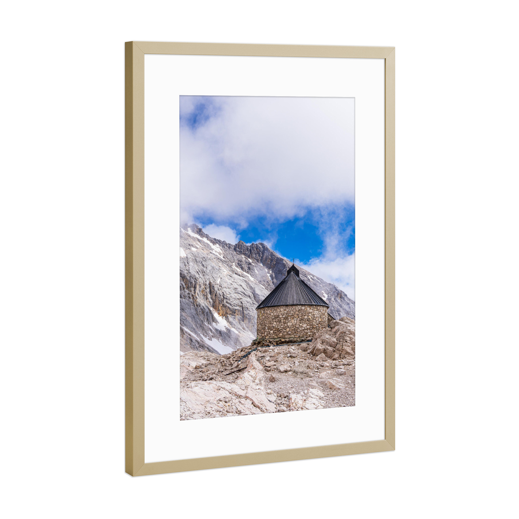 Poster mit Rahmen Gold "Kapelle, Zugspitze, Wolken" artboxONE - Natur,Reise,Architektur