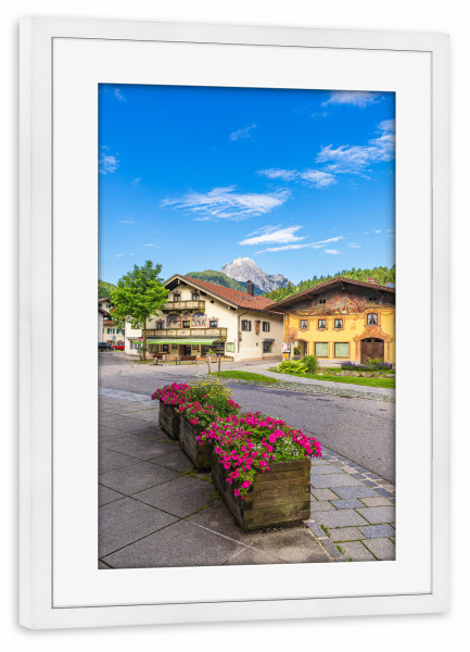 Poster mit Rahmen weiß "Blumen, Straße, Häuser" artboxONE - Städte,Natur,Reise,Architektur