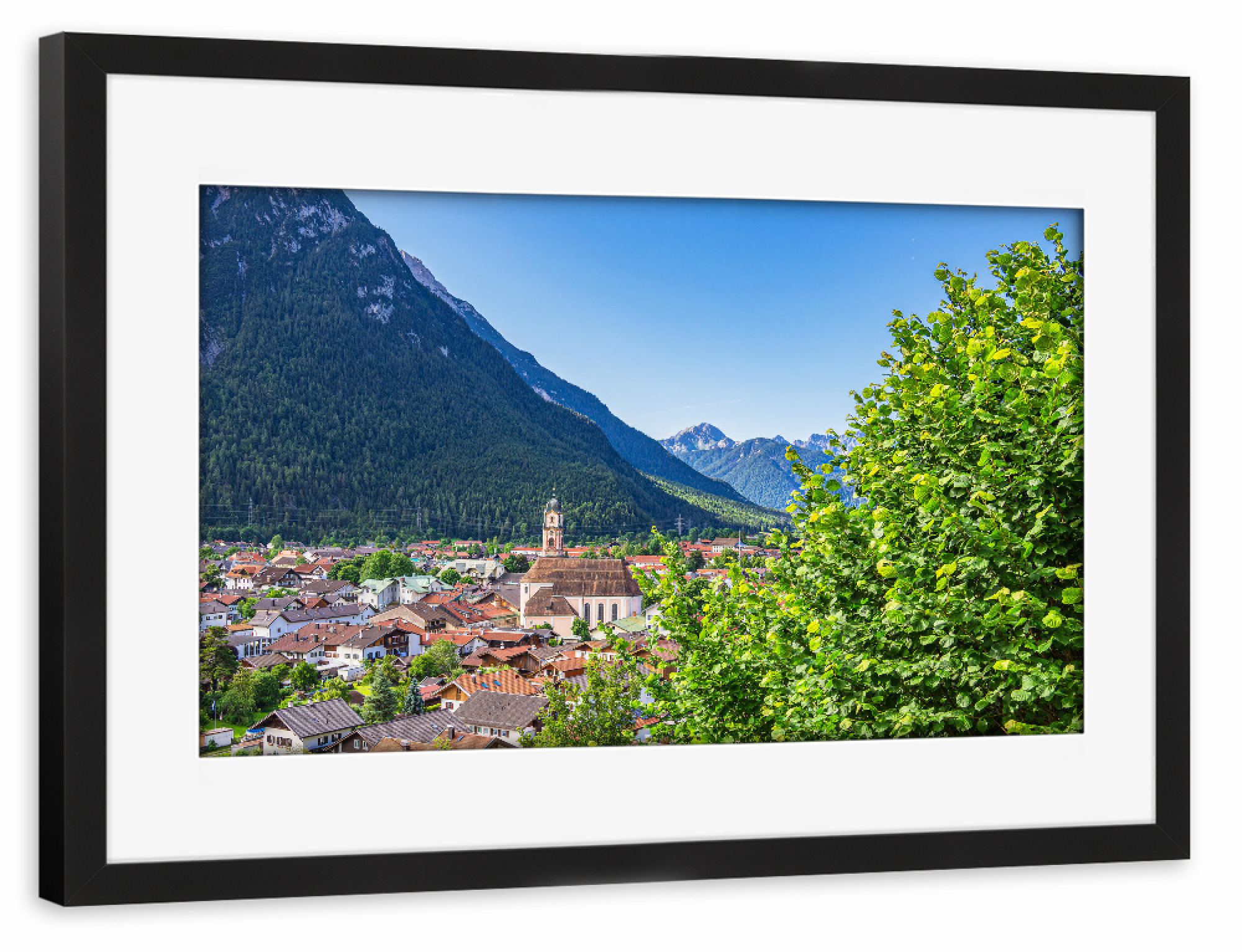 Poster mit Rahmen schwarz "Baum, Stadt, Berge" artboxONE - Städte,Natur,Reise,Architektur