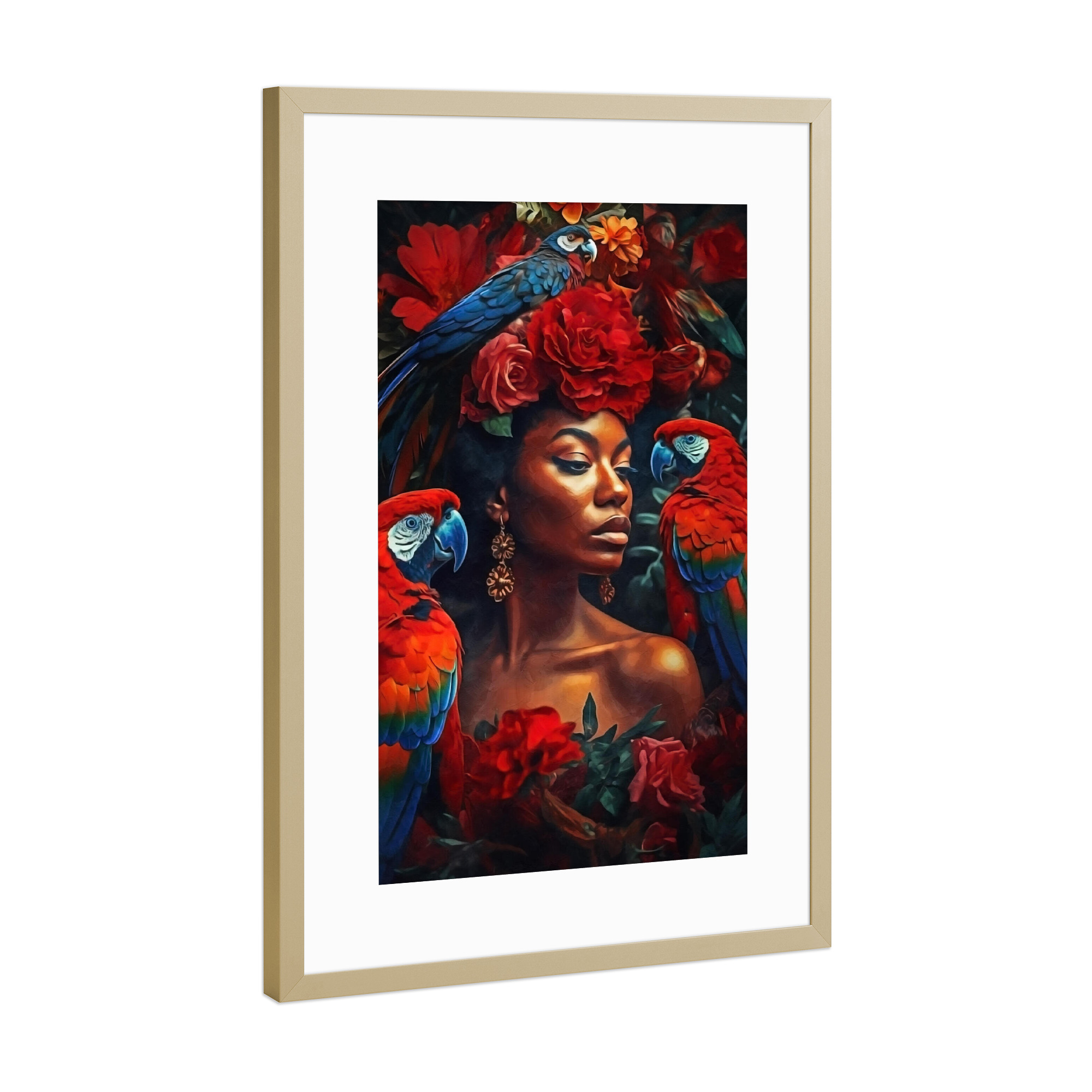 Poster mit Rahmen Gold "Blumenfrau mit Aras" artboxONE - Natur,Abstrakt,Menschen - Frau,Blumen,Blumen,Figurative,Moderne,Exotische,Innenarchitektur