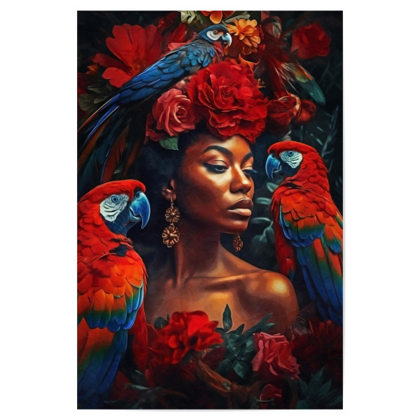 Poster 30x20 cm "Blumenfrau mit Aras" artboxONE - Natur,Abstrakt,Menschen - Frau,Blumen,Blumen,Figurative,Moderne,Exotische,Innenarchitektur