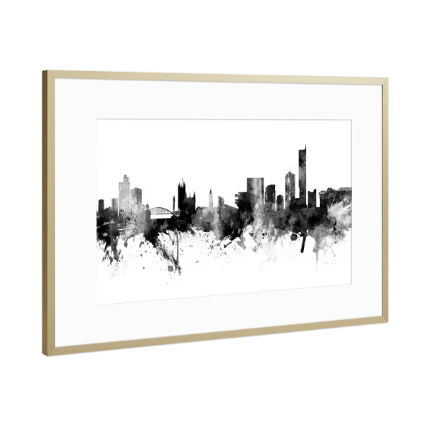 Poster mit Rahmen Gold "Manchester England Skyline Schwarz" artboxONE - Städte,Schwarzweiß