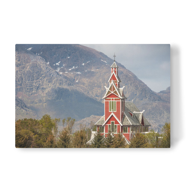 Leinwandbild "Rote Holzkirche Lofoten" artboxONE - Reise,Architektur - Norwegen,Buksnes,Gravdal,Skandinavien,Drachenkirche,Drachenstil,Kirche