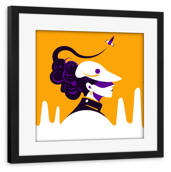 Poster mit Rahmen schwarz "Denken Sie galaktisch" artboxONE - Menschen - Weltraum,Surreal,Minimal,Rakete,Flug,Kunst,Design,Gelb,Lila,Gesicht