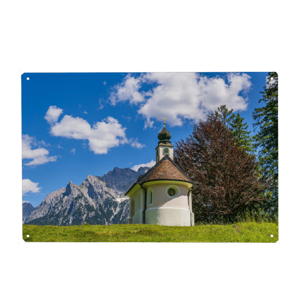 Holzbild "Wolken, Berge, Bäume, Kapelle" artboxONE - Natur,Reise,Architektur