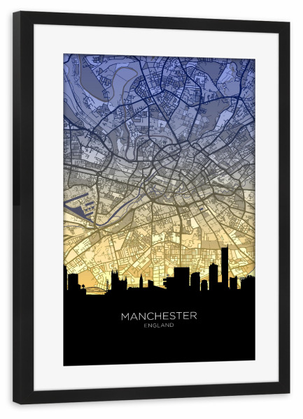 Poster mit Rahmen schwarz "Manchester Skyline Map Dawn" artboxONE - Städte