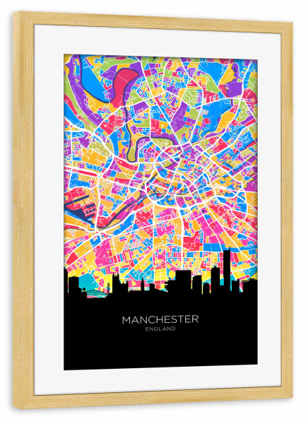 Poster mit Rahmen kiefer "Manchester Skyline Karte hell" artboxONE - Städte