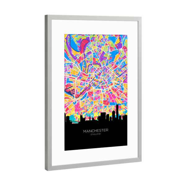 Poster mit Rahmen Silber "Manchester Skyline Karte hell" artboxONE - Städte
