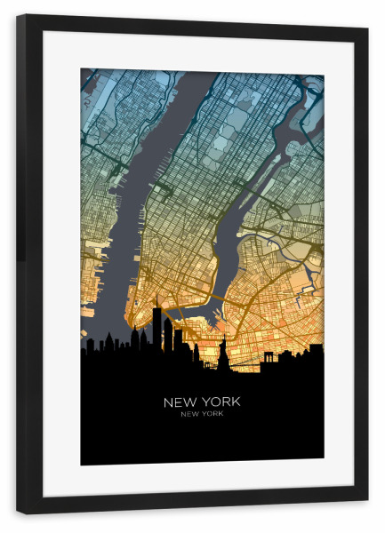 Poster mit Rahmen schwarz "Skyline - New York City, blaugrün" artboxONE - Städte,Städte / New York