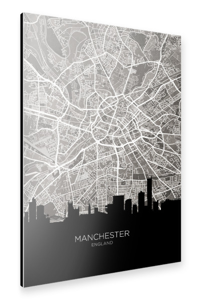 Alu-Dibond "Manchester Skyline Karte BW" 30x20 cm artboxONE