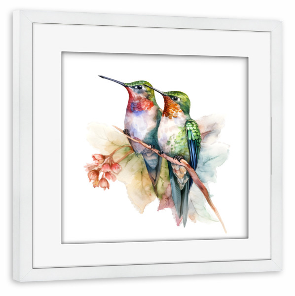 Poster mit Rahmen weiß "Kolibri E" artboxONE - Natur,Floral,Tiere - Tiere,Liebe,Romantik,Vögel,Kolibris,Bunt,Aquarell,Natur,Blumen,Blumen