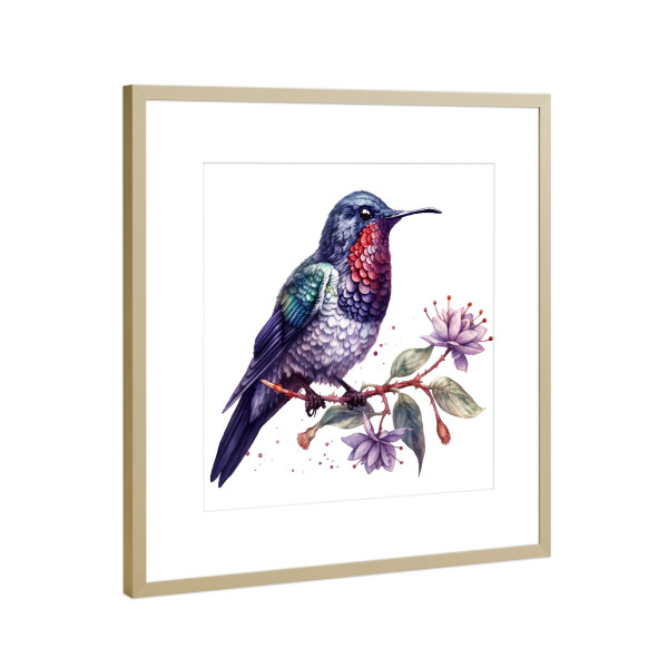 Poster mit Rahmen Gold "Kolibri O" artboxONE - Natur,Floral,Tiere - Tiere,Vogel,Kolibri,Natur,Blumen,Blume,Bäume,Bunt,Aquarell