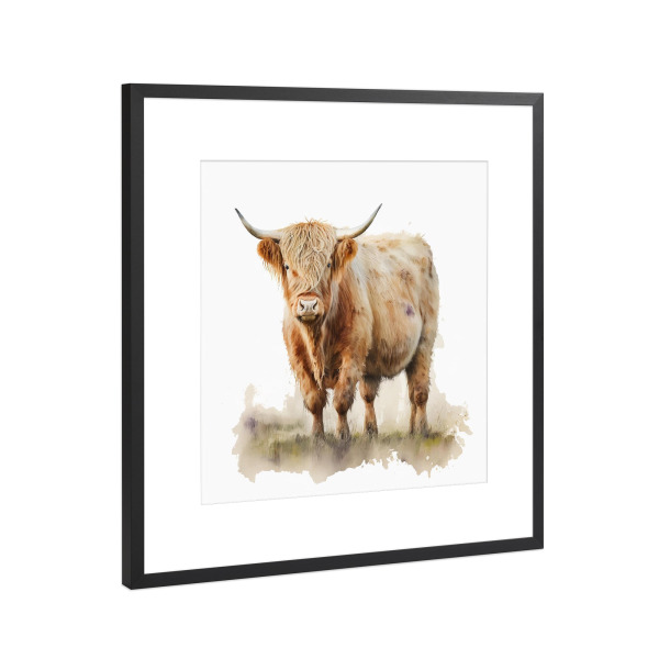 Poster mit Rahmen Schwarz (Metallic) "Hochlandkuhfeld B" artboxONE - Natur,Tiere - Kuh,Hochland,Rinder,Natur,Aquarell,Feld,Landschaft