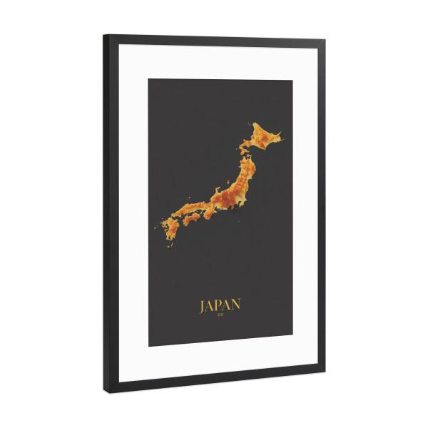 Poster mit Rahmen Schwarz (Metallic) "Japan 3D-Karte – Gold" artboxONE - Reise,Kartografie