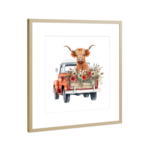 Poster mit Rahmen Gold "Highland Cow Truck I" artboxONE - Floral,Tiere,Automobile - Kuh,Rinder,Hochland,Automobil,Lkw,Pickup,Blumen,Blumen