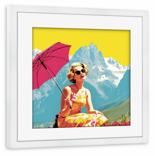 Poster mit Rahmen weiß "SONNENBAD IN BERGEN" artboxONE - Reise,Abstrakt,Liebe,Fashion,Reise / Länder - Berge,Frau,Woman,Sonne,Bunt,Natur