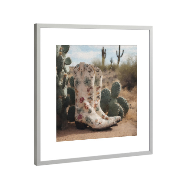 Poster mit Rahmen Silber "Cowgirl-Stiefel B" artboxONE - Natur,Floral,Fashion - Cowgirl,Stiefel,Mode,Natur,Wüste,Landschaft,Kaktus,Blumen