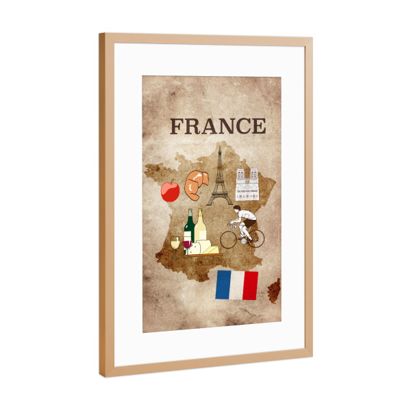 Poster mit Rahmen Kupfer "France illustrated map" artboxONE - Reise,Essen & Trinken,Städte / Paris,Reise / Länder,Kartografie