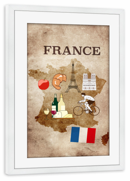 Poster mit Rahmen weiß "France illustrated map" artboxONE - Reise,Essen & Trinken,Städte / Paris,Reise / Länder,Kartografie