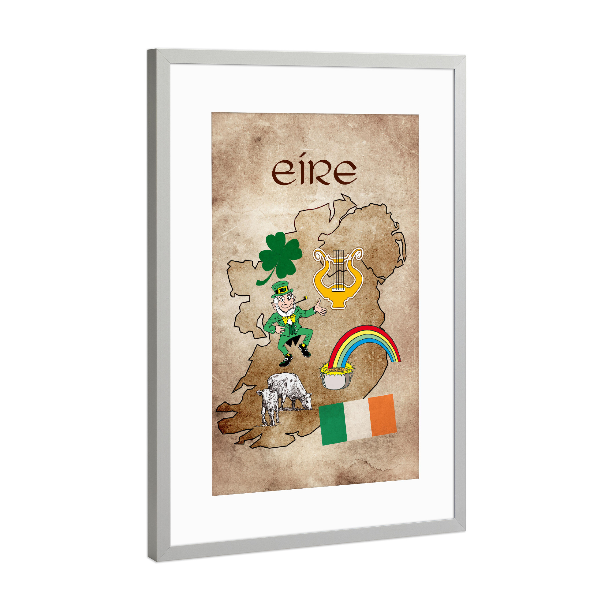 Poster mit Rahmen Silber "Irland illustrated - map" artboxONE - Reise,Reise / Länder,Kartografie