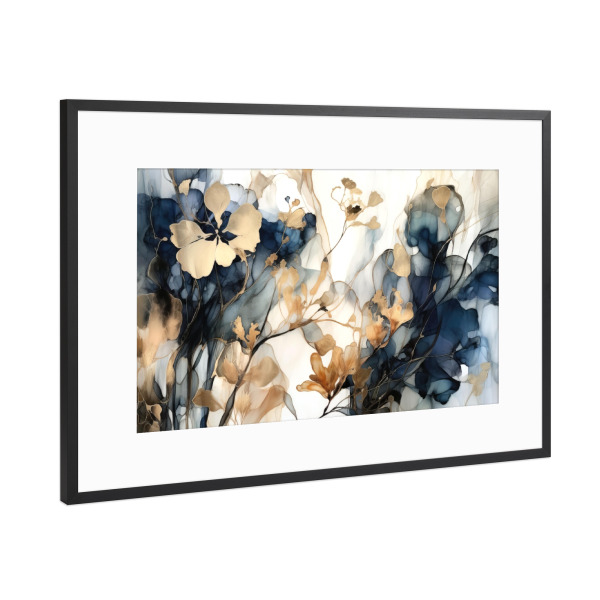 Poster mit Rahmen Schwarz (Metallic) "Navy und Gold Botanicals I" artboxONE - Floral,Abstrakt - Blumen,Blumen,Pflanzen,Marine,Gold,Abstrakt