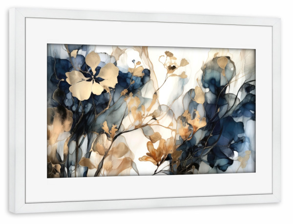 Poster mit Rahmen weiß "Navy und Gold Botanicals I" artboxONE - Floral,Abstrakt - Blumen,Blumen,Pflanzen,Marine,Gold,Abstrakt