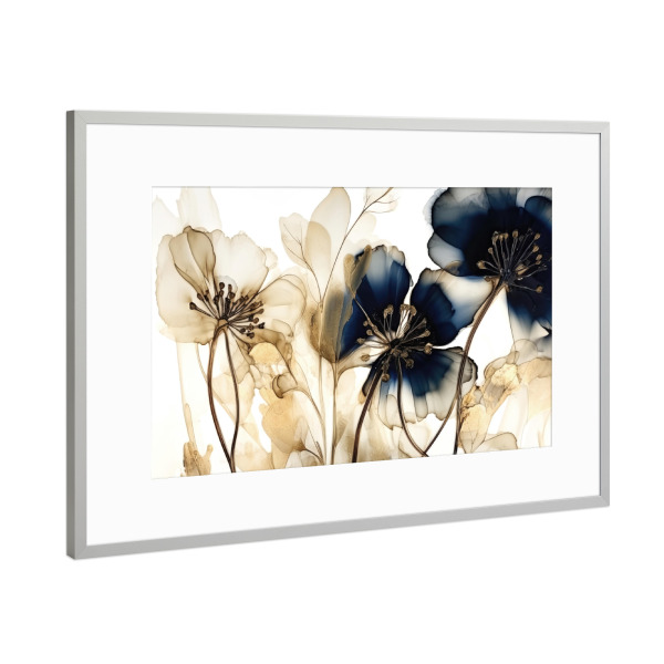 Poster mit Rahmen Silber "Navy und Gold Botanicals A" artboxONE - Floral,Abstrakt - Blumen,Blumen,Gold,Abstrakt