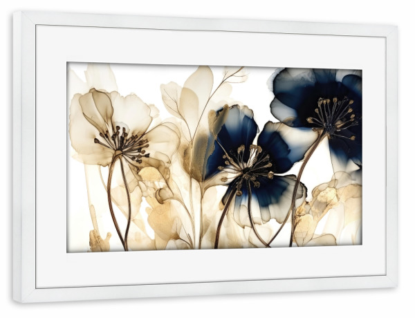 Poster mit Rahmen weiß "Navy und Gold Botanicals A" artboxONE - Floral,Abstrakt - Blumen,Blumen,Gold,Abstrakt