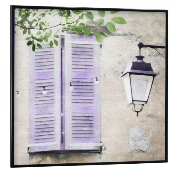 Poster mit schwarzem Rahmen 30x30 cm "Lila Fensterläden" artboxONE - Floral,Architektur - Architektur,Gebäude,Blumen,Bäume,Fensterläden,Lampe