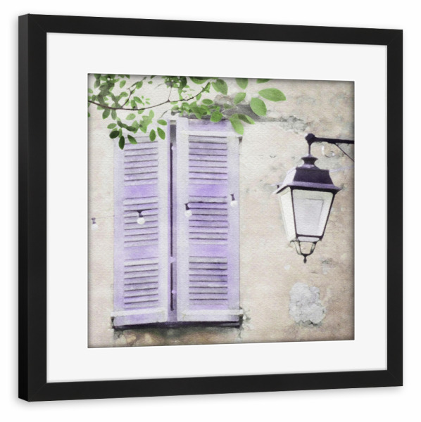 Poster mit Rahmen schwarz "Lila Fensterläden" artboxONE - Floral,Architektur - Architektur,Gebäude,Blumen,Bäume,Fensterläden,Lampe