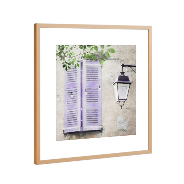 Poster mit Rahmen Kupfer "Lila Fensterläden" artboxONE - Floral,Architektur - Architektur,Gebäude,Blumen,Bäume,Fensterläden,Lampe