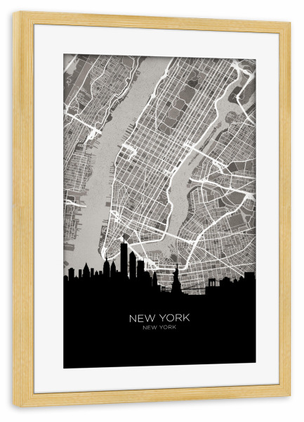Poster mit Rahmen kiefer "New York City Skyline Karte BW" artboxONE - Städte,Städte / New York