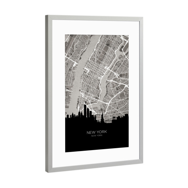 Poster mit Rahmen Silber "New York City Skyline Karte BW" artboxONE - Städte,Städte / New York