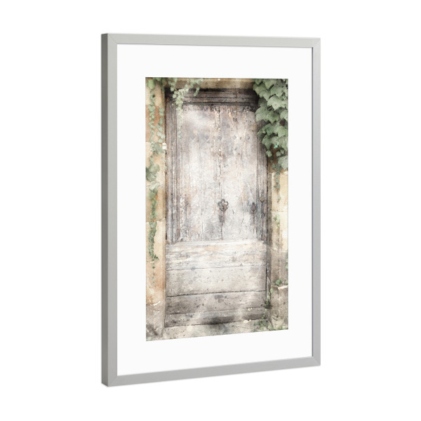 Poster mit Rahmen Silber "Aquarell Tür H" artboxONE - Natur,Architektur - Tür,Eingang,Haus,Aquarell,Architektur,Bäume,Pflanzen