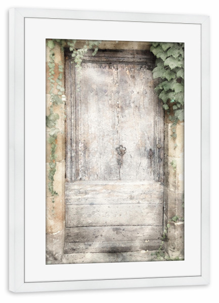 Poster mit Rahmen weiß "Aquarell Tür H" artboxONE - Natur,Architektur - Tür,Eingang,Haus,Aquarell,Architektur,Bäume,Pflanzen