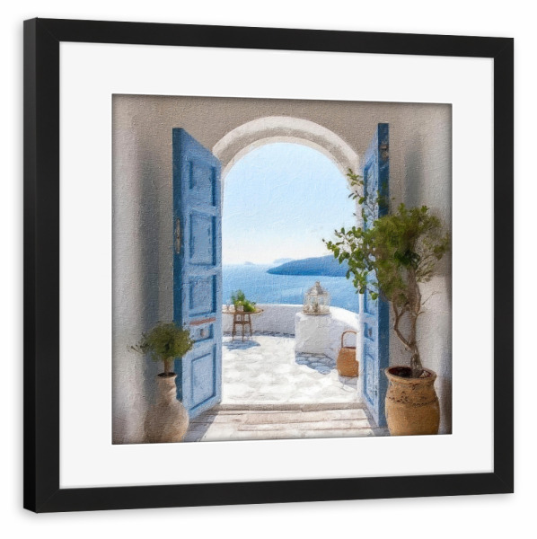 Poster mit Rahmen schwarz "Blaue griechische Tür C" artboxONE - Natur,Architektur - Tür,Eingang,Balkon,Pflanzen