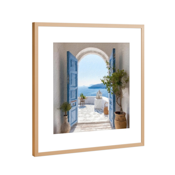 Poster mit Rahmen Kupfer "Blaue griechische Tür C" artboxONE - Natur,Architektur - Tür,Eingang,Balkon,Pflanzen